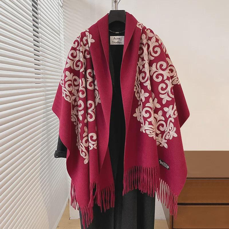 2024 Retro Ethnic Style Embroidered Imitation Cashmere Scarf - Warm & Versatile Fashion for Autumn/Winter