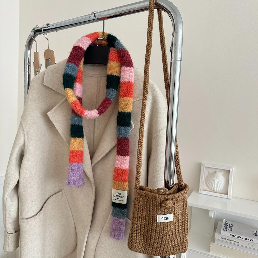 Korean Y2K Striped Scarf Knitted Wool with Colorful Splicing Contrast Long Narrow Scarves Sausage Thin Scarf Winter Scarves Wrap
