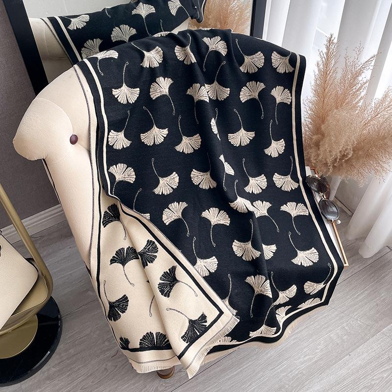 Scarf Women'S Winter High-End Sense Ginkgo Biloba Fashion Imitation Cashmere Warm Scarf Short Beard Fringed Shawl
