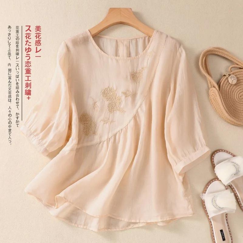 Женские блузки в китайском стиле из хлопка и льна с коротким рукавом и принтом, свободный топ, винтажная женская одежда, лето