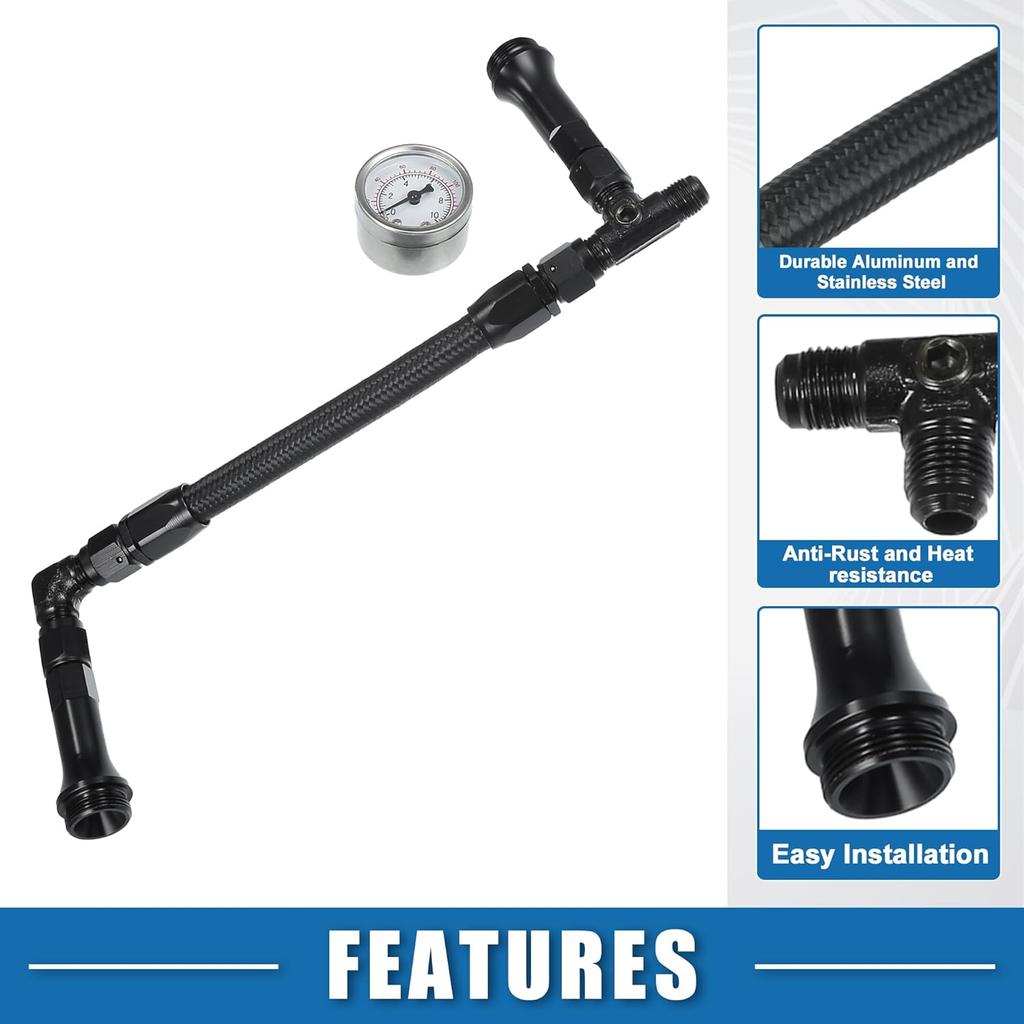 4150 Braided Fuel Line with Pressure Gauge AN6 Dual Feed Carb Fuel Line for 4150 Based Carburetor Aluminum Black