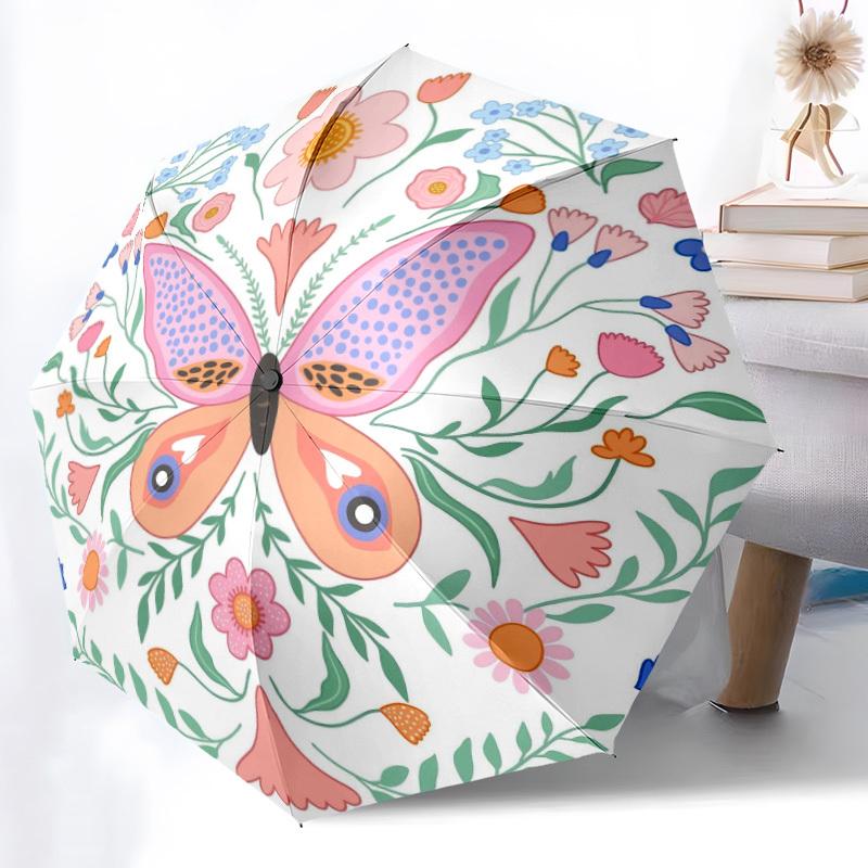 1pc Butterfly Floral Automatic Opening/Closing Folding Umbrella with 8 Ribs,Windproof Portable Sunshade Umbrella Holiday gift yy260401026