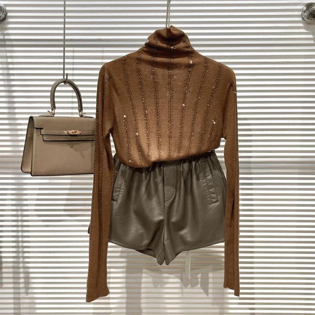 Women's High Neck Long Sleeve Heavy Duty Rhinestone T-shirt (92% Polyester, 8% Spandex)