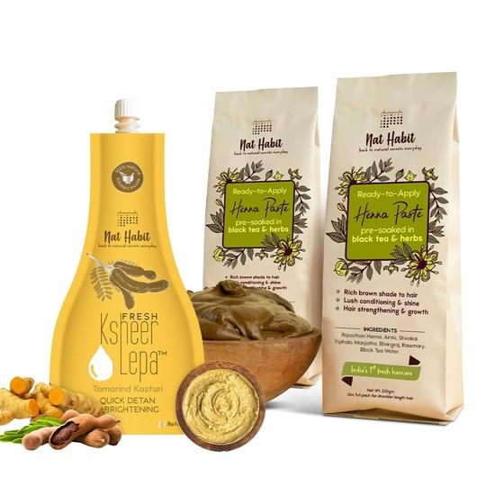 Nat Habit Ready-To-Apply Henna Paste & Tamarind Kasturi Lepa - Face Pack The Perfect Choice For Deep Conditioning with Rich Dark Brown Color
