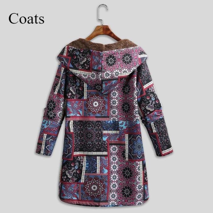 Зимнее теплое женское пальто 2025 Мода Ретро Длинное Худи с принтом Национальный стиль Большой размер Стройнящий Темпераментная Верхняя одежда