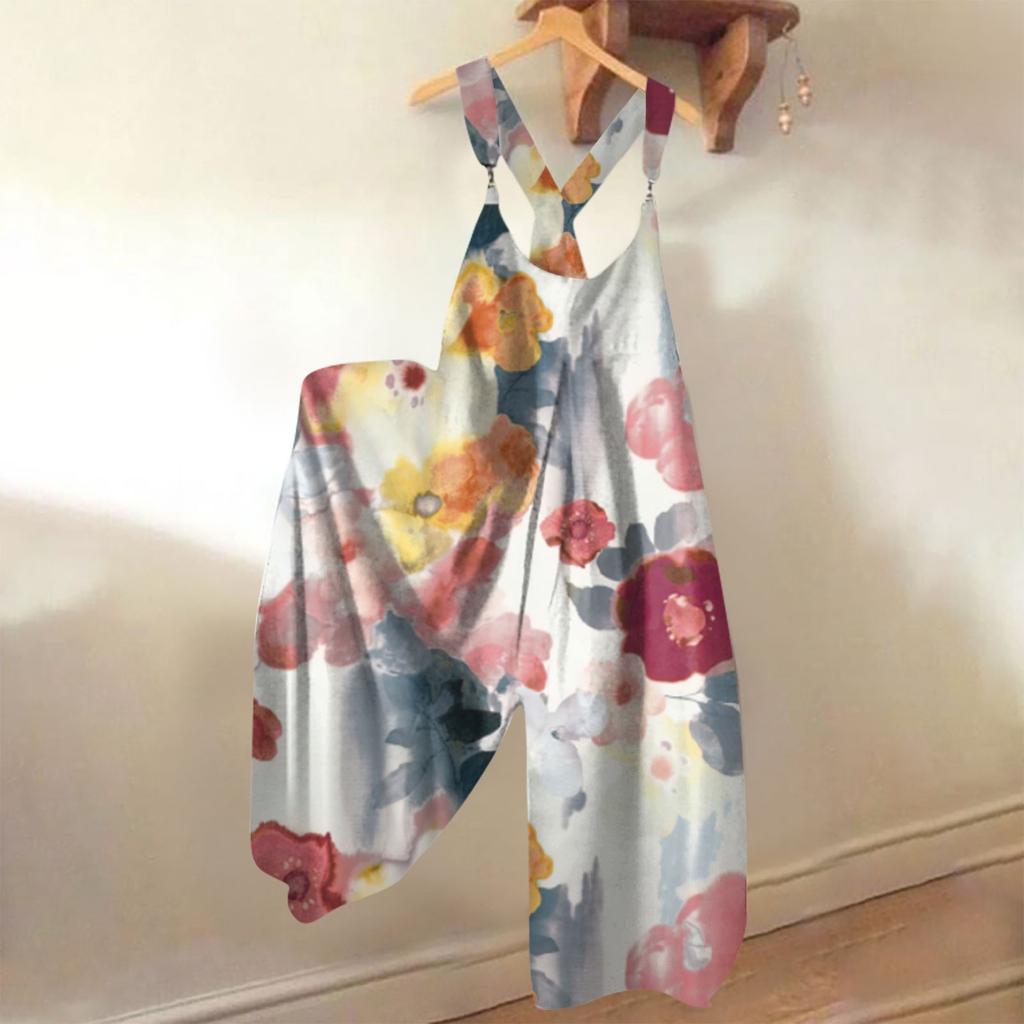 Широкие комбинезоны для женщин, повседневные свободные комбинезоны без рукавов, ретро-принт, металлические пуговицы, длинные брюки, комбинезон с карманами