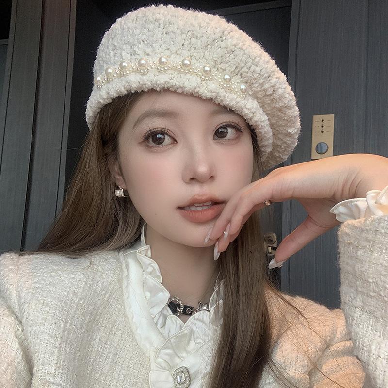 Lamb Wool Winter Top Hat Sweet Pearl Wool Beret Temperament Casual Face Little Painter Hat