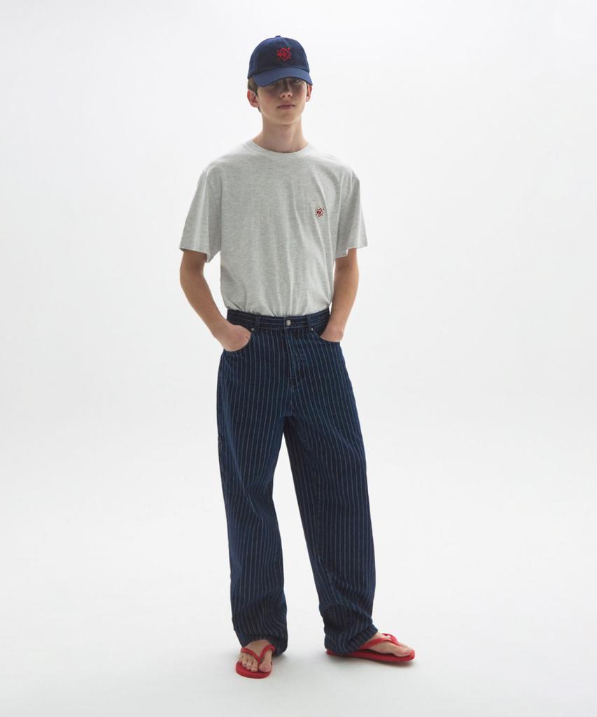 MOONSUN M.C Unisex, Loose-Fit Pinstripe Denim Pants / Dark Indigo