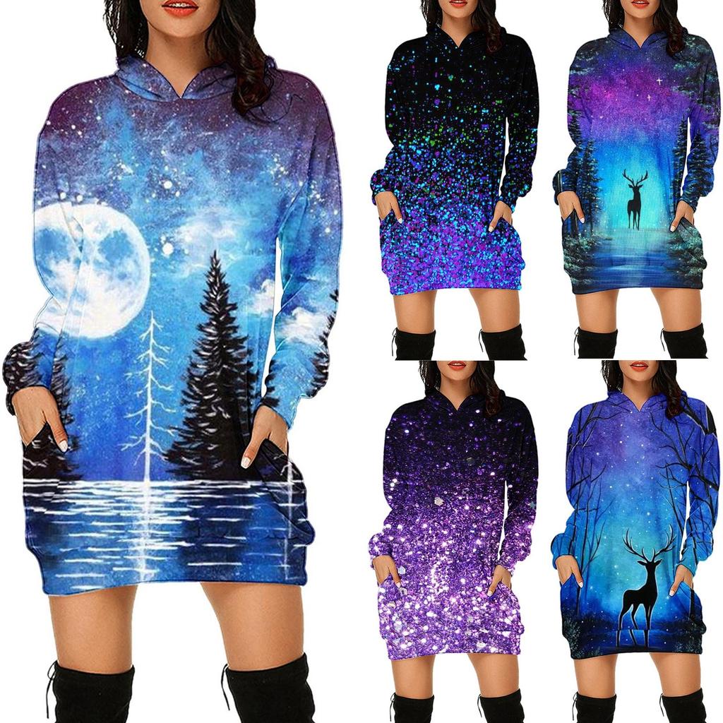 Women's Fashion Casual Print Long Sleeve Pocket Pullover Hooded Blouse Top