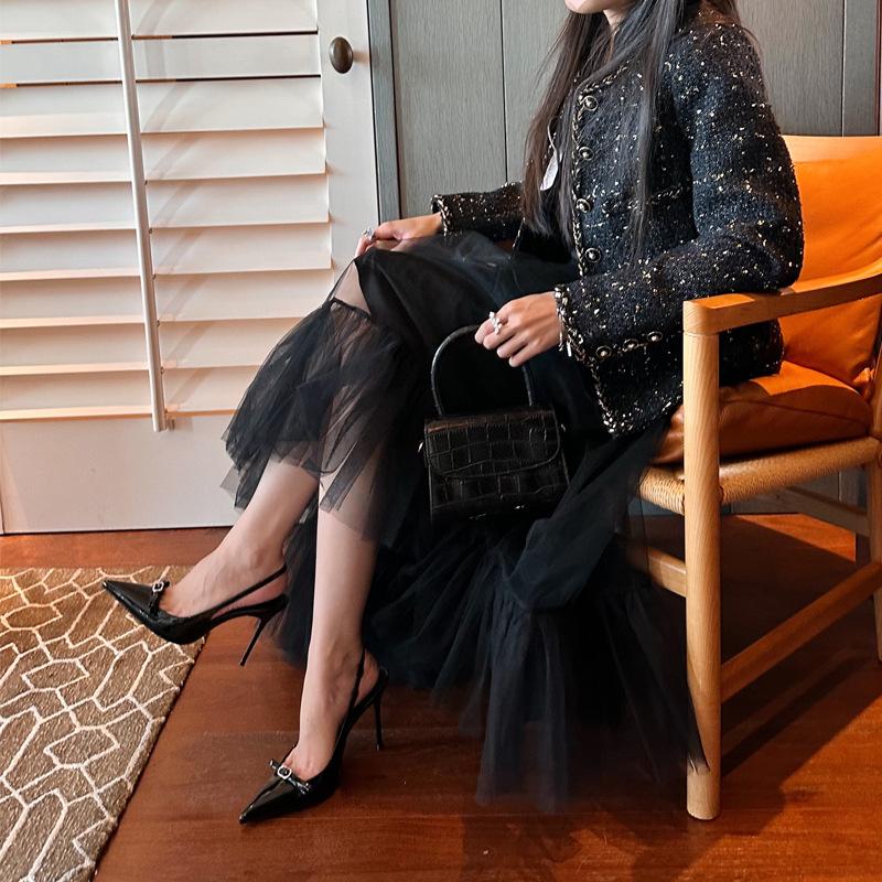 Женские босоножки на высоком каблуке, новая весенне-осенняя модель, тонкий каблук, острый носок, банты, стразы, ощущение, одинарная обувь с юбками, женская обувь