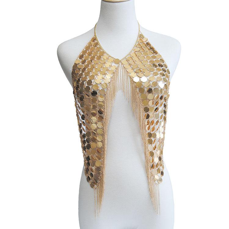 SC Fashion Shiny Gold Sequins Bra Chain Sexy Nightclub Tassel Waist Jewelry Women Hollow Clothing Body Chain
