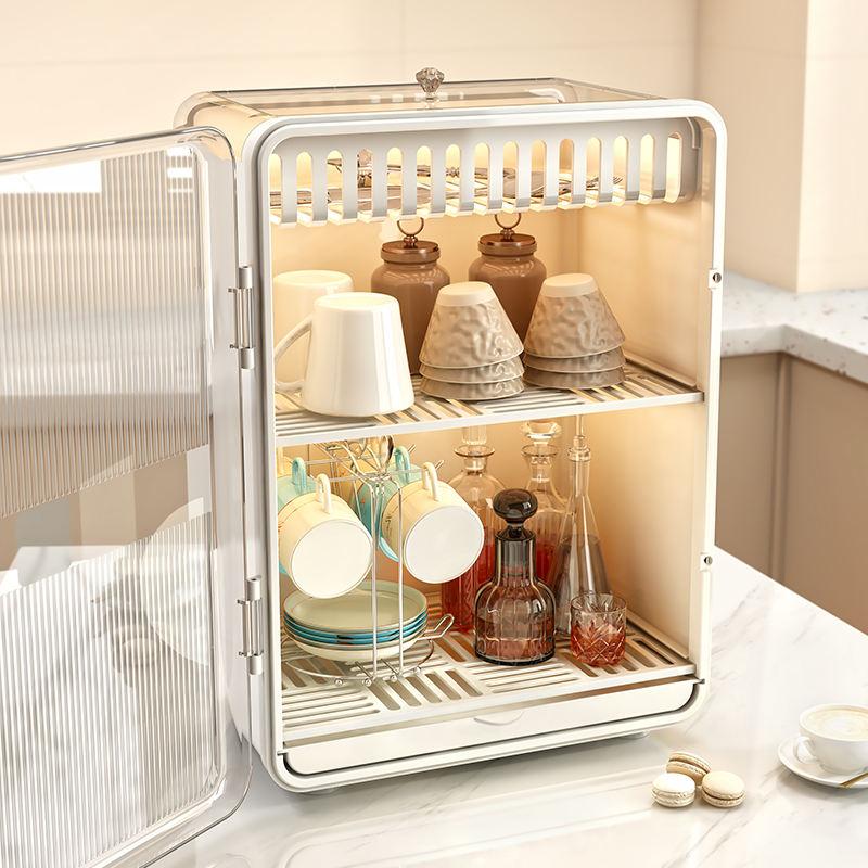 2 Layers Kitchen Multi-Functional Storage Cabinets Dust Proof Dishware Cutlery Water Cup Organizer Rack with Cover Sundry Shelf