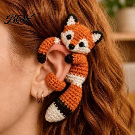 Cute Animal Ear Cuffs Crocheted Cuff, Cat Dog Fox Raccoon Three-dimensional Textured Earrings Climber Crawler Earrings, Non Pierced