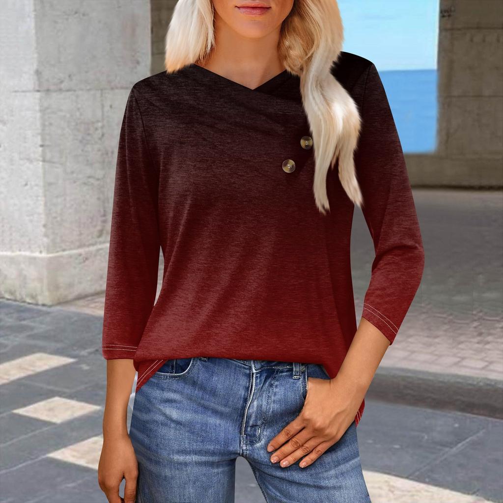 Женская модная повседневная футболка с принтом в виде градиента, рукавами-семиточками, V-образным вырезом и застежкой на пуговицы