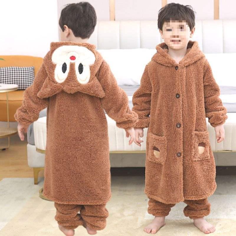 Детский комплект из кораллового флиса для пижамы и халата - Милый дизайн для мальчиков и девочек, Плюс вельвет для осени и зимы