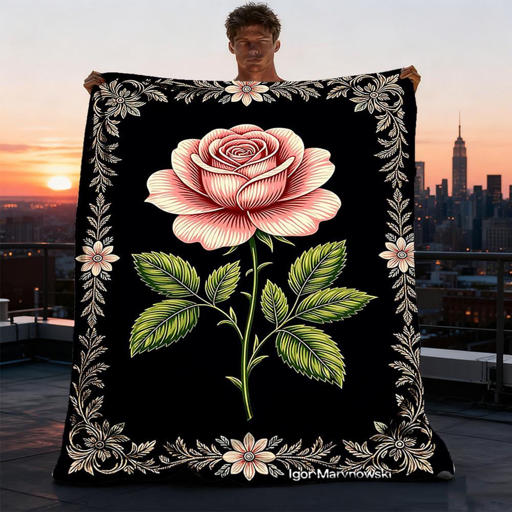 1pc Rose , Floral Outdoor Flannel Blanket Soft All Season Polyester Throw , Perfect for Picnics & Travel , Picnic Accessory
