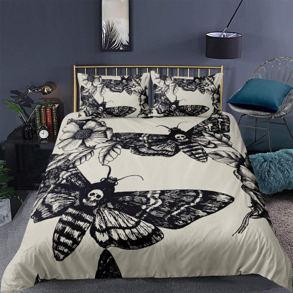 Death Moth Duvet Cover Set King Queen Full Twin Size Galaxy Sun and Moon Polyester Comforter Cover Boho Gothic Skull Bedding Set