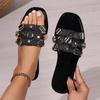 Metal Diamond Buckle Fashionable Woven Women's Flat Slippers Black Plus Size Designer Sandals