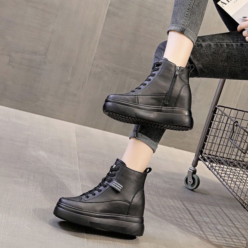 Кожаные дышащие высокие ботинки женские ботинки весна новые внутренние увеличивающие высоту повседневные спортивные туфли одинарные туфли