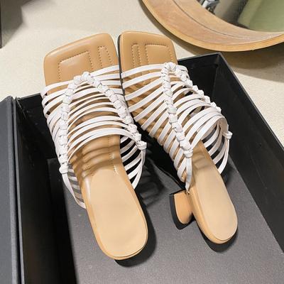 Модные простые плетеные сандалии, летние, новые, квадратные, тонкие, с полым дышащим каблуком, без застежек