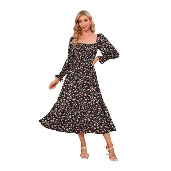 Женское платье с длинными рукавами, цветочным принтом, А-силуэтом, квадратным вырезом, миди-платьем, эластичным бюстом, открытой спиной, плиссированным подолом, весна-осень