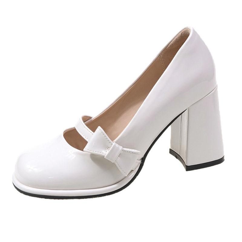 Туфли на высоком каблуке, женская мода, блочный каблук 8 см, бантовый ремешок, туфли Мэри Джейн, туфли-лодочки с квадратным носком, милые туфли в стиле Лолиты, свадебные туфли для невесты
