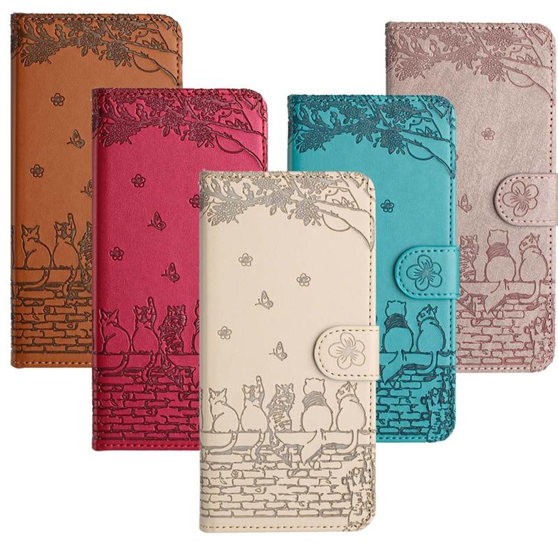 Чехол для телефона с милым мультяшным котом и тиснением для iPhone, Samsung, Xiaomi, Google, кожаный кошелек для карт с ремешком-подставкой, откидные чехлы