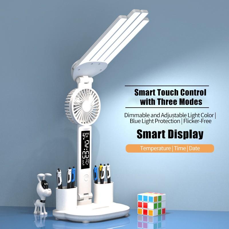 3 в 1 лампа для чтения с защитой глаз и мини-вентилятором, канцелярские принадлежности, отображение температуры/времени/даты, без мерцания, настольная лампа, подарки для студентов