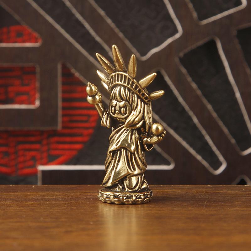 1Pcs Vintage Brass Figurine Cute Cartoon Liberty Goddess Statue Mini Desktop Decor For Home Office Model Craft Unique Gift