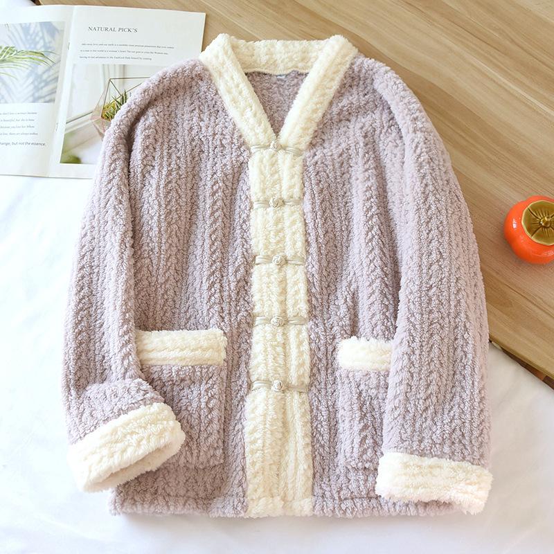 New Autumn Winter Women's 2PCS Pajamas Suit Flannel V-Neck Thickened Warm Long Sleeved Cardigan Sleepwear Loose Homewear