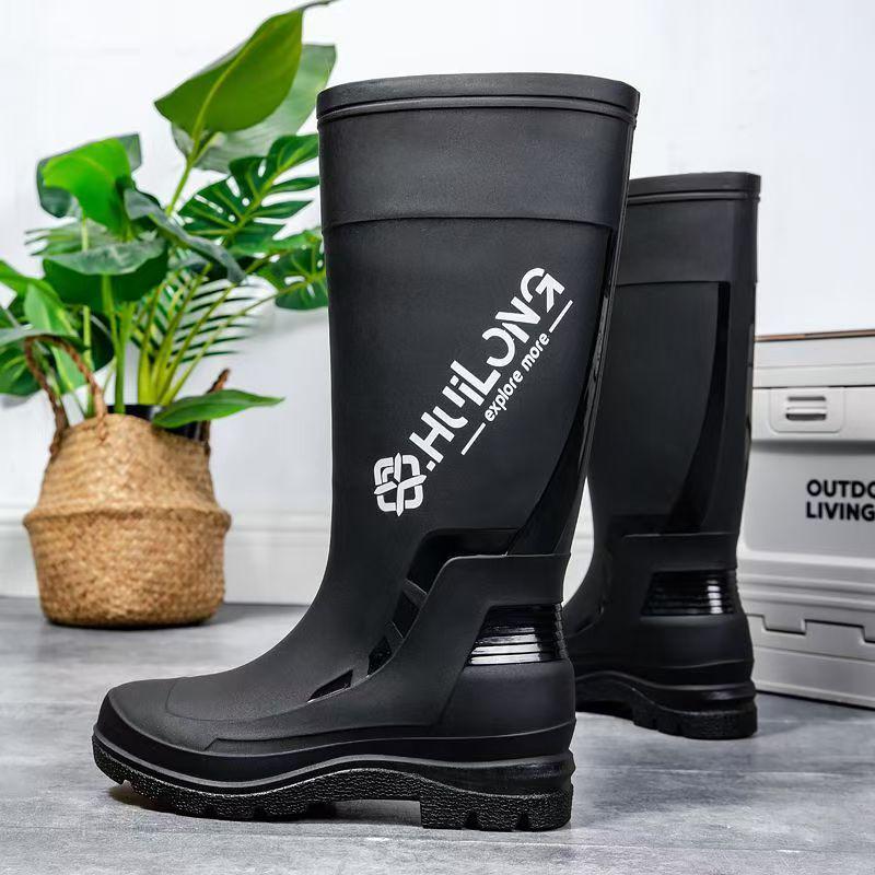 Stylish Men's Non-Slip Waterproof High-Top Rain Boots with Drawstring - Long Tube Fishing Wear-Resistant