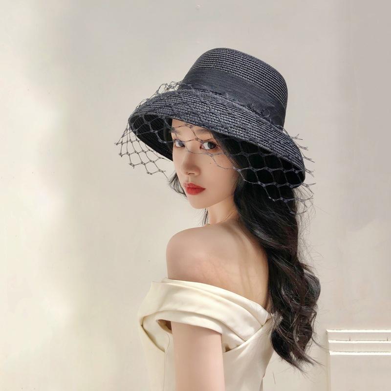 Французская Элегантная Ретро Сетка Черная Шляпа-Колокол Женская Летняя Солнцезащитная Солнцезащитная Пляжная Белая Шляпа-Рыбак Соломенная Шляпа