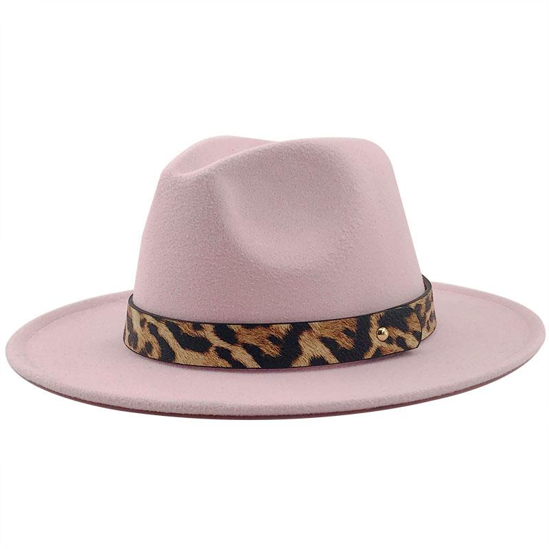 Женские и мужские шерстяные шляпы-федоры в стиле джаз, повседневные мужские и женские кожаные леопардовые пояса, фетровая шляпа, белая, розовая, желтая, панамская кепка-трилби, официальная кепка для вечеринок