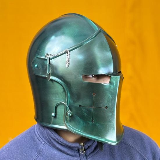Green Barbuta Helmet Medieval Knight Armor 18g Mild Steel LARP Cosplay Warrior Helmet Visored for Halloween Collectors