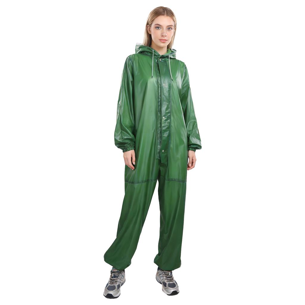 One Piece Waterproof Hooded Jumpsuit Rainwear Front Zipper and Button Fastening Drawstring Hood for Men Women Outdoor Work