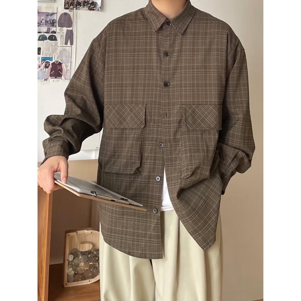 Японская рубашка с длинными рукавами в клетку с большим карманом на весну и осень, модный бренд, свободная пара, контрастный цвет, уличная рубашка, пальто для мужчин