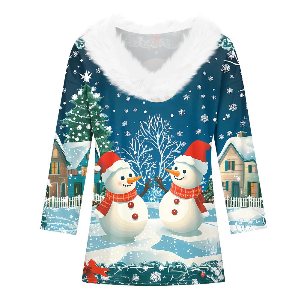 Рубашки с рукавом 3/4 для женщин, рождественские футболки с графическим принтом, блузки, повседневные базовые топы на пуговицах больших размеров, пуловеры