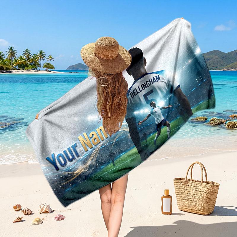 Jude Bellingham Custom Beach Towel, Personalized Name Text Print, Football Logo Soft Quick‑Dry Towel Holiday Gift