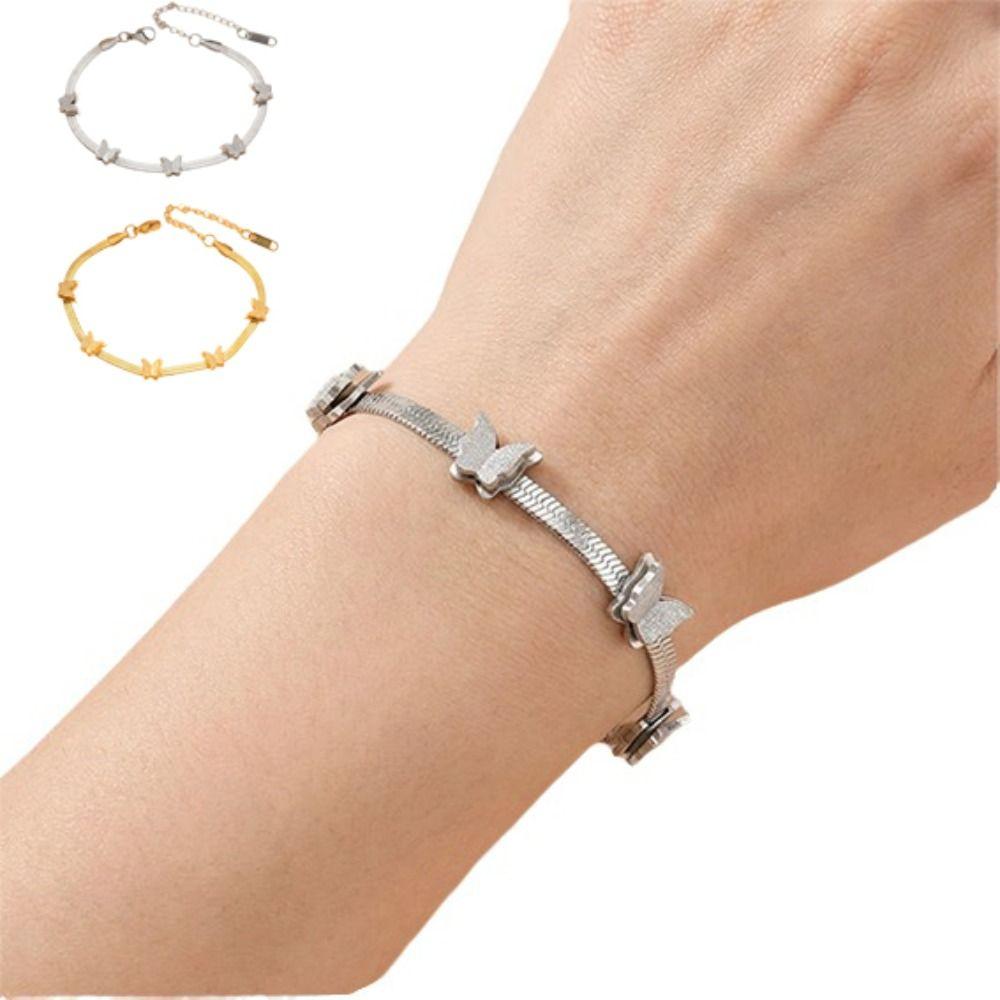 Butterfly Charm Snake Chain Bracelet Stainless Steel Animal Charm Bracelet Daily Wear