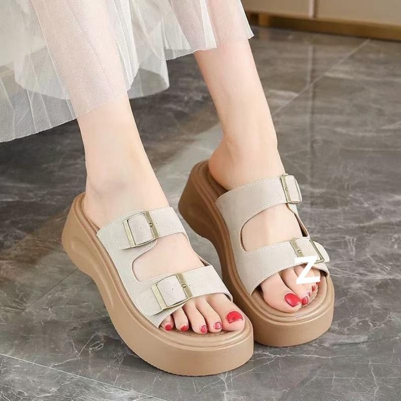 Leather Slippers Women's New Summer Wear One-word Drag Thick-soled Non-slip Beach Sandals