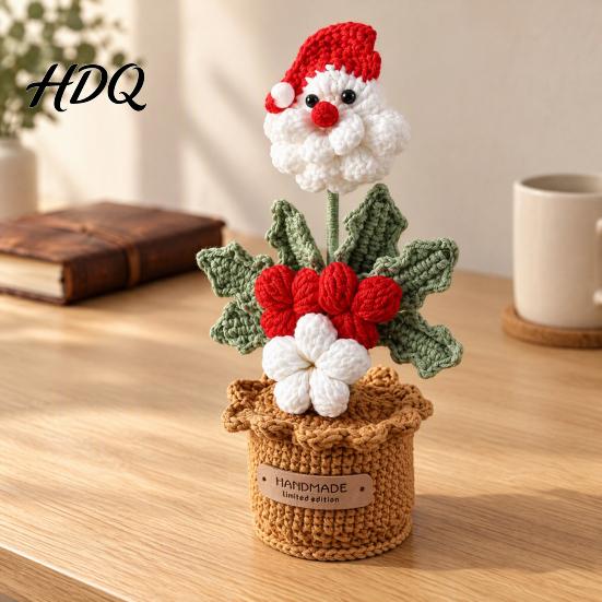 Desktop Ornament for Shelf Crochet Potted Santa Plant Handmade Christmas Ornament Decorative Desk Accessories Flower Plant Home Office Bookshelf