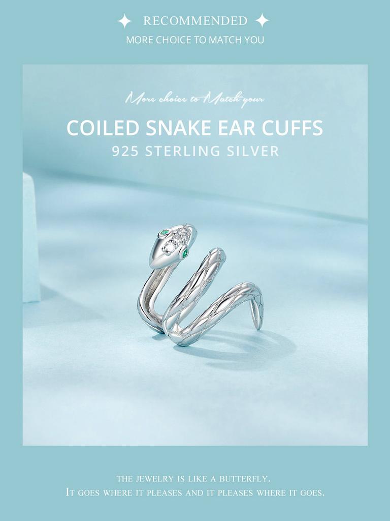 BAMOER 925 Sterling Silver Coiled Snake Ear Cuffs Unique Personalized Fashion Earring For Women Fine Jewelry