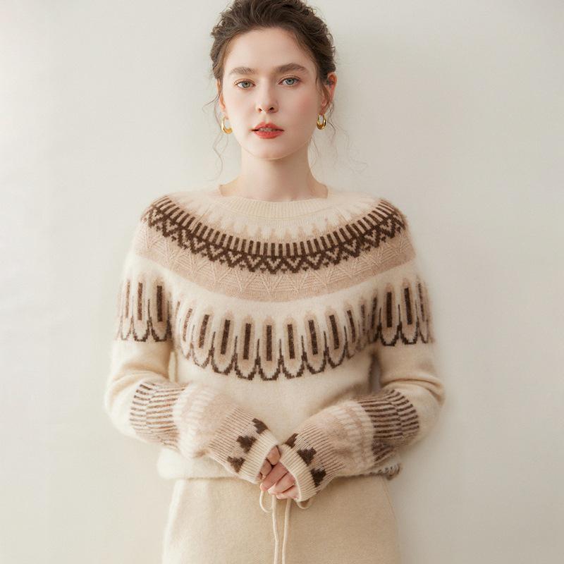 Women's Fair Isle Jacquard Cashmere Sweater - Round Neck, Soft Knit Retro Fashion