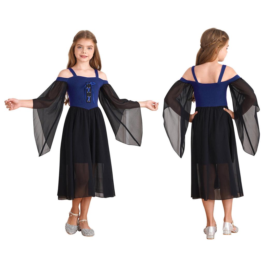 Kids Girls Medieval Princess Costume Renaissance Robe Gown Square Neck Halloween Cosplay Fancy Dress