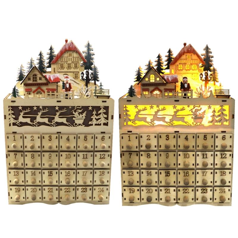 Рождественский деревянный адвент-календарь со светодиодной подсветкой, ящик для обратного отсчета в деревенском доме