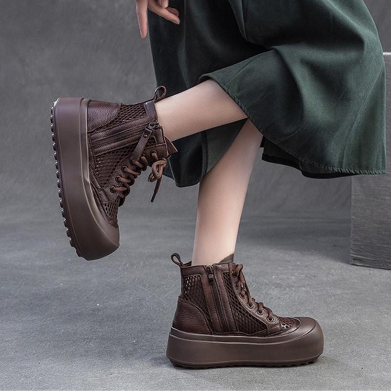 Johnature Ретро дышащие сетчатые ботинки с выемками из натуральной кожи женские туфли на плоской платформе
