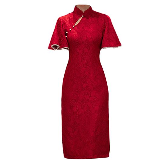 Красное кружевное женское платье Cheongsam, элегантное тонкое платье в стиле ретро с воротником-стойкой и рукавами 3/4, жаккардовое кружево Ципао, вечернее свадебное платье в китайском стиле