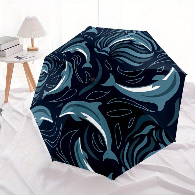 1pc Dolphin Waves Automatic Open/close Folding Compact Umbrella, 8-Rib Sturdy Canopy, Lightweight Portable, Commuting Use, Gift, 090