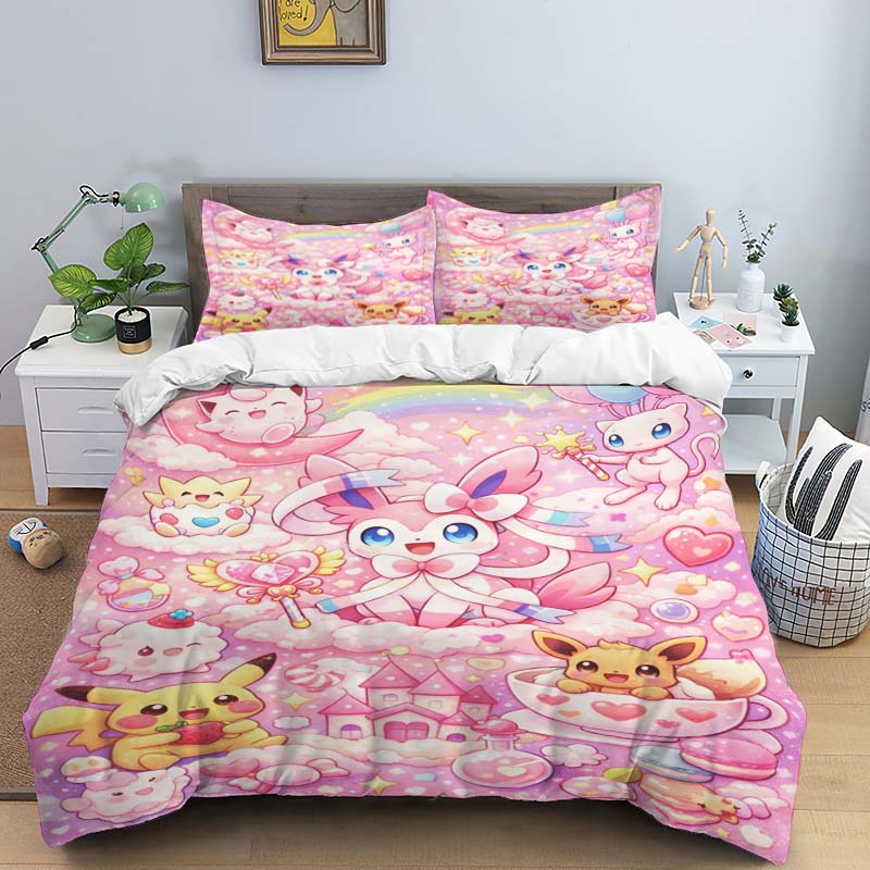 New Pokémon Jigglypuff print three-piece bedding set, including 1 duvet cover and 2 pillowcases, suitable for adults and childre