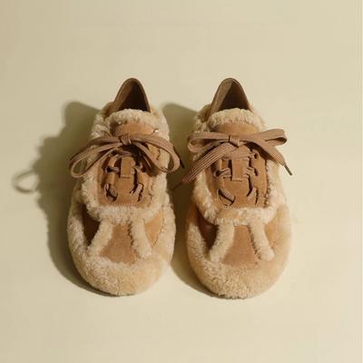 Повседневная обувь снежный хлопок женская 2025 осень и зима новая обувь из овечьей шерсти на шнуровке универсальная лоскутная бархатные туфли-бобы